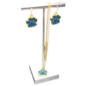Turquoise Blue Paw Sparkly Gold Plated Earrings & Necklace Set NWT